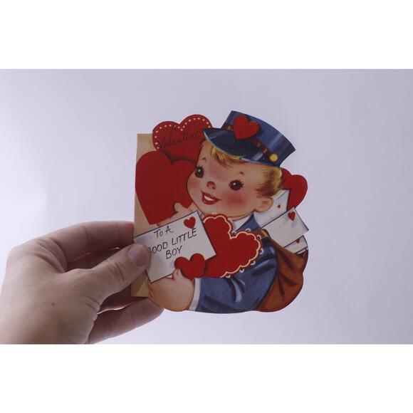 Cute Boy Postman with Red Hearts, To A Good Little Boy, Vintage Used Valentine - Picture 1 of 2
